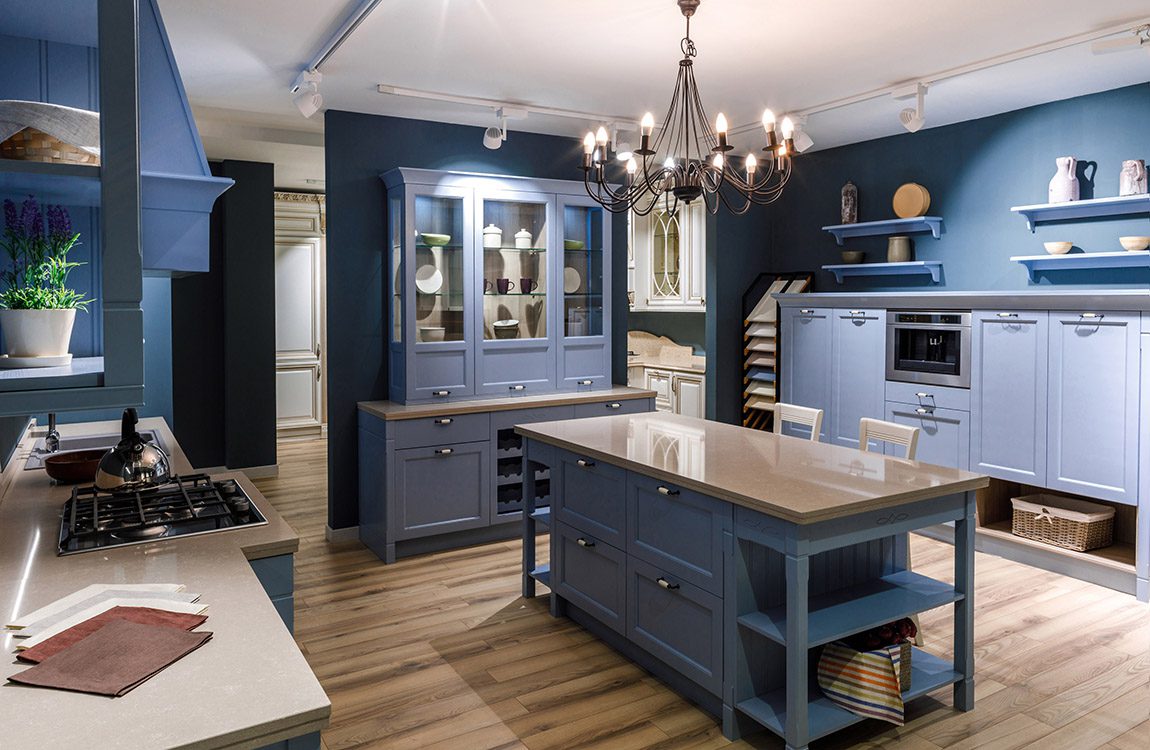 Renovated kitchen interior in blue tones